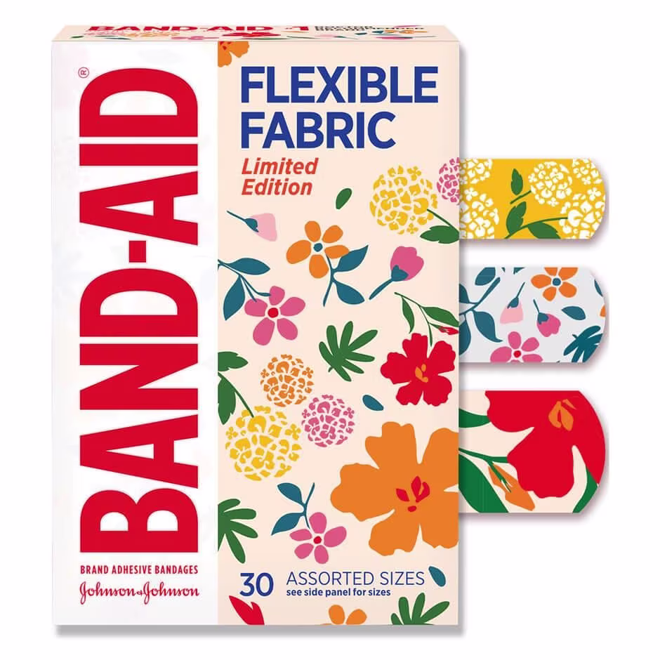 Band-Aid Brand Flexible Fabric Limited Edition Wildflower Bandages front of pack and bandage designs