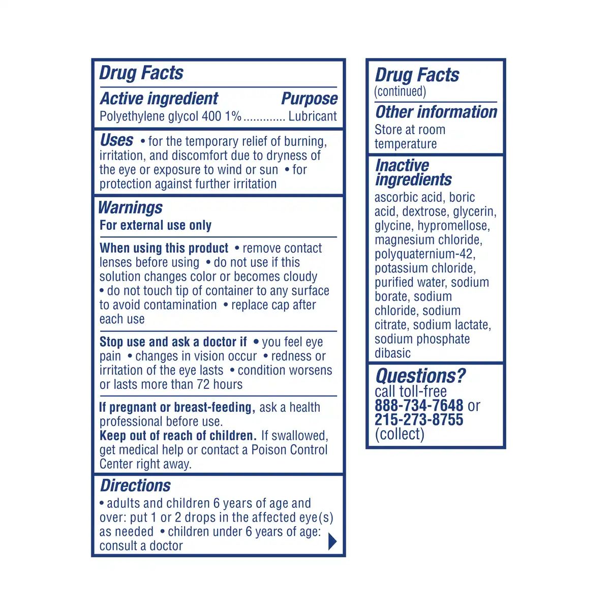VISINE® Dry Eye Relief Tired Eye Lubricating Eye Drops front drug facts package