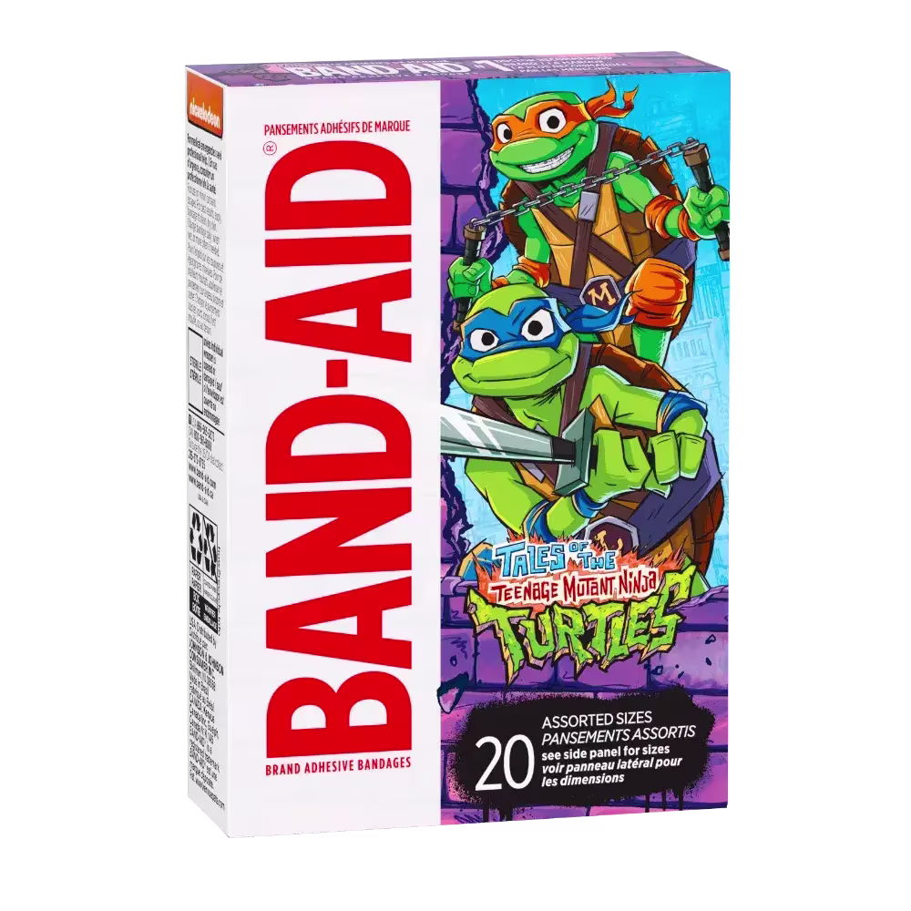 Imagine a box of Band-Aid brand adhesive bandages in vibrant purple, featuring Leonardo and Michelangelo from the Teenage Mutant Ninja Turtles. The iconic "BAND-AID" logo is in red, and it includes a collection of 20 assorted sizes, ready for action!