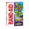 Imagine a box of Band-Aid brand adhesive bandages in vibrant purple, featuring Leonardo and Michelangelo from the Teenage Mutant Ninja Turtles. The iconic "BAND-AID" logo is in red, and it includes a collection of 20 assorted sizes, ready for action!