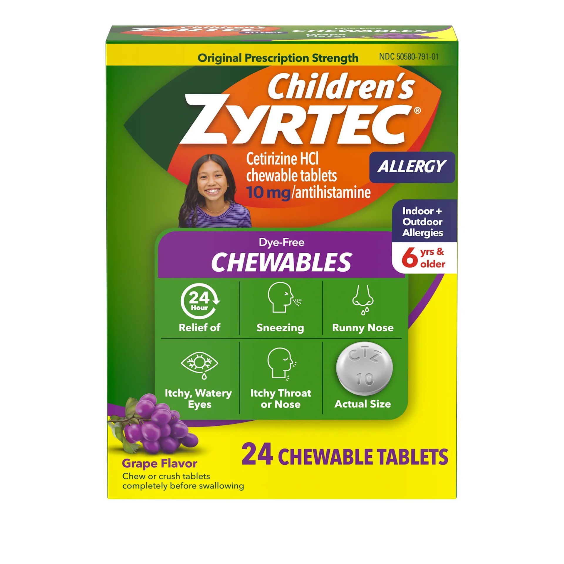 Children’s ZYRTEC® Dye Free Chewables for ages 6+ 24 count Front of the pack