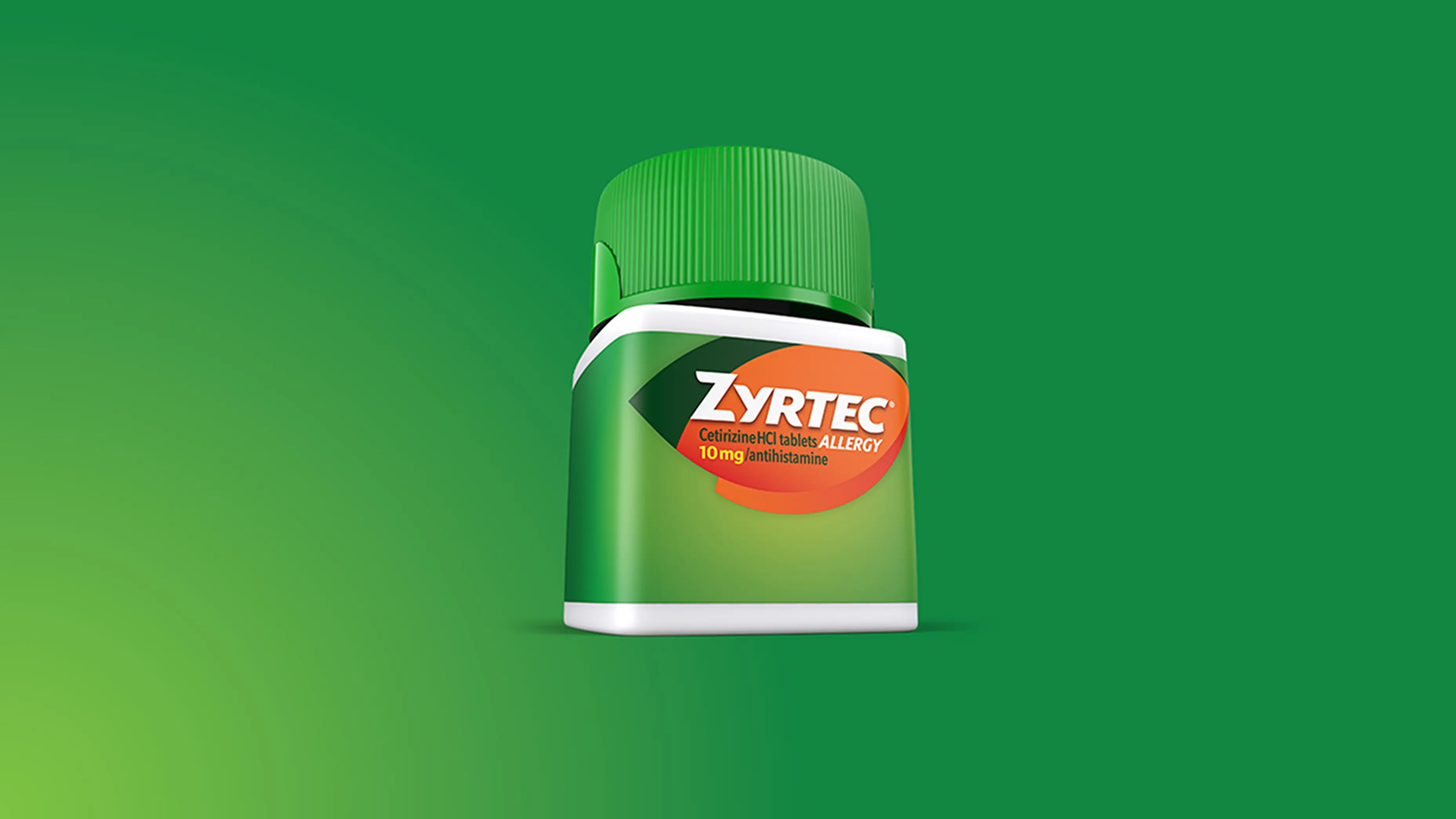 ZYRTEC® Allergy Relief Medicine Tablets bottle against a vibrant green background