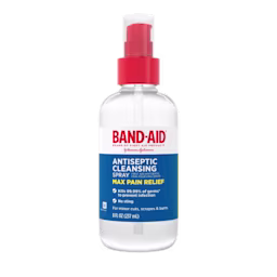 Band-Aid antiseptic cleansing spray bottle with MAX PAIN RELIEF label, 8 fl oz (237 ml), kills 99.99% of germs, no sting, for minor cuts, scrapes, and burns.