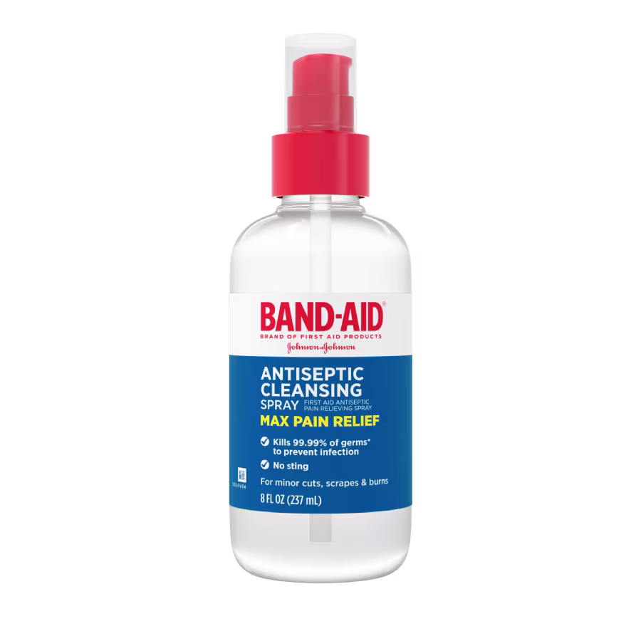 Band-Aid antiseptic cleansing spray bottle with MAX PAIN RELIEF label, 8 fl oz (237 ml), kills 99.99% of germs, no sting, for minor cuts, scrapes, and burns.