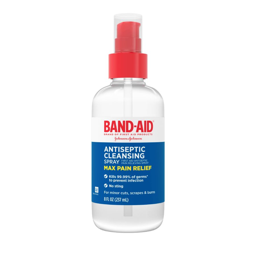 Band-Aid antiseptic cleansing spray bottle with MAX PAIN RELIEF label, 8 fl oz (237 ml), kills 99.99% of germs, no sting, for minor cuts, scrapes, and burns.