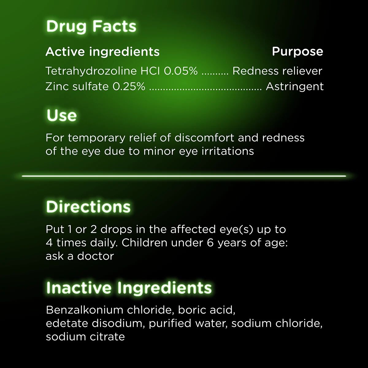 VISINE AC® Itchy Eye Relief Astringent Eye Drops with Redness Reliever for Itchy & Watery drug facts