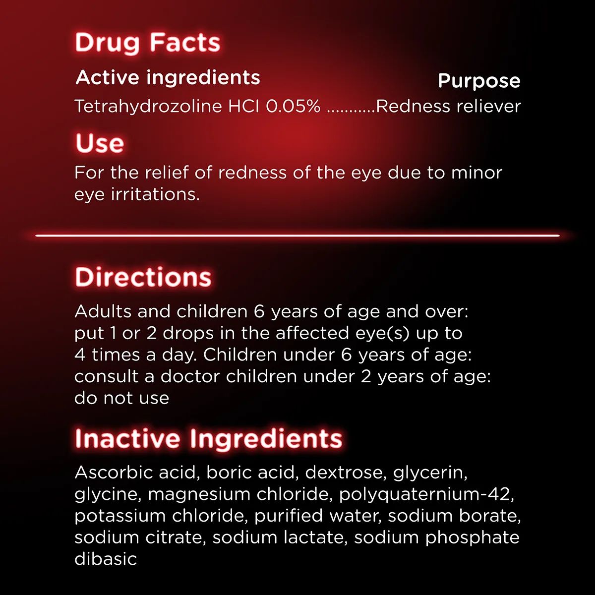 Active ingredient list and directions for Visine Red Eye Comfort eye drops