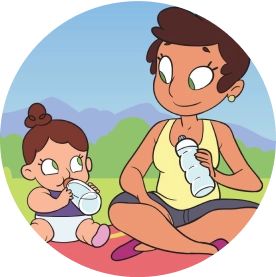 Illustration of a mother and baby sitting on a picnic blanket outdoors, both drinking from water bottles. The text on the image reads 'Their skin loses moisture faster.'