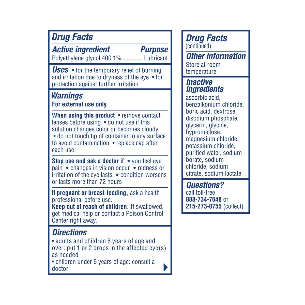 VISINE® Dry Eye Relief Lubricant Eye Drops, Moisturizing Eye Drops for Irritated Eyes 1/2 Fl. Oz package drug facts
