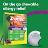 Children's ZYRTEC® Chewables, text "On the go chewable allergy relief," and tablet with missing bite