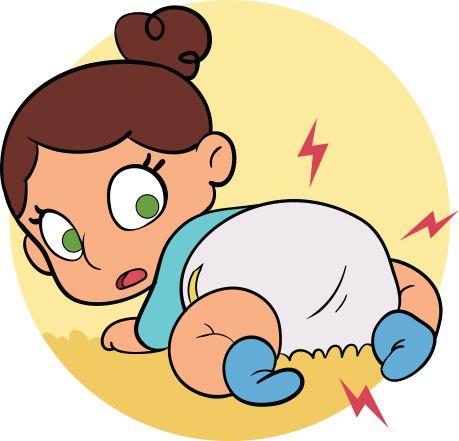 Illustration of a baby on all fours with a surprised expression, wearing a diaper and blue socks, with red irritation marks on her skin indicating discomfort.