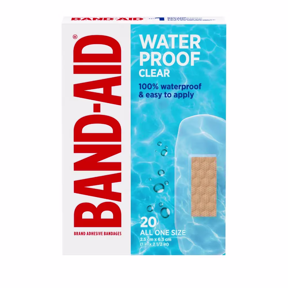A 20-piece treasure trove of Band-Aid Brand Water Proof Clear bandages, all one size (1 inch x 2 1/2 inches) and boasting 100% waterproof protection and a breeze to apply.