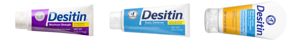Image with three different tubes of Desitin diaper rash cream. From left to right, the products are "Maximum Strength" in a purple tube, "Daily Defense" in a blue tube, and "Rapid Relief" in a yellow tube. Each tube is oriented at a different angle.