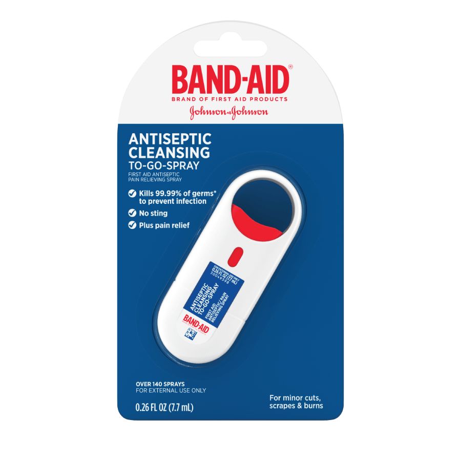 Band-Aid Brand Antiseptic Cleansing To-Go-Spray by Johnson & Johnson, kills 99.99% of germs, no sting, and provides pain relief. Contains 7.7 mL (0.26 fl oz) for minor cuts, scrapes, and burns.