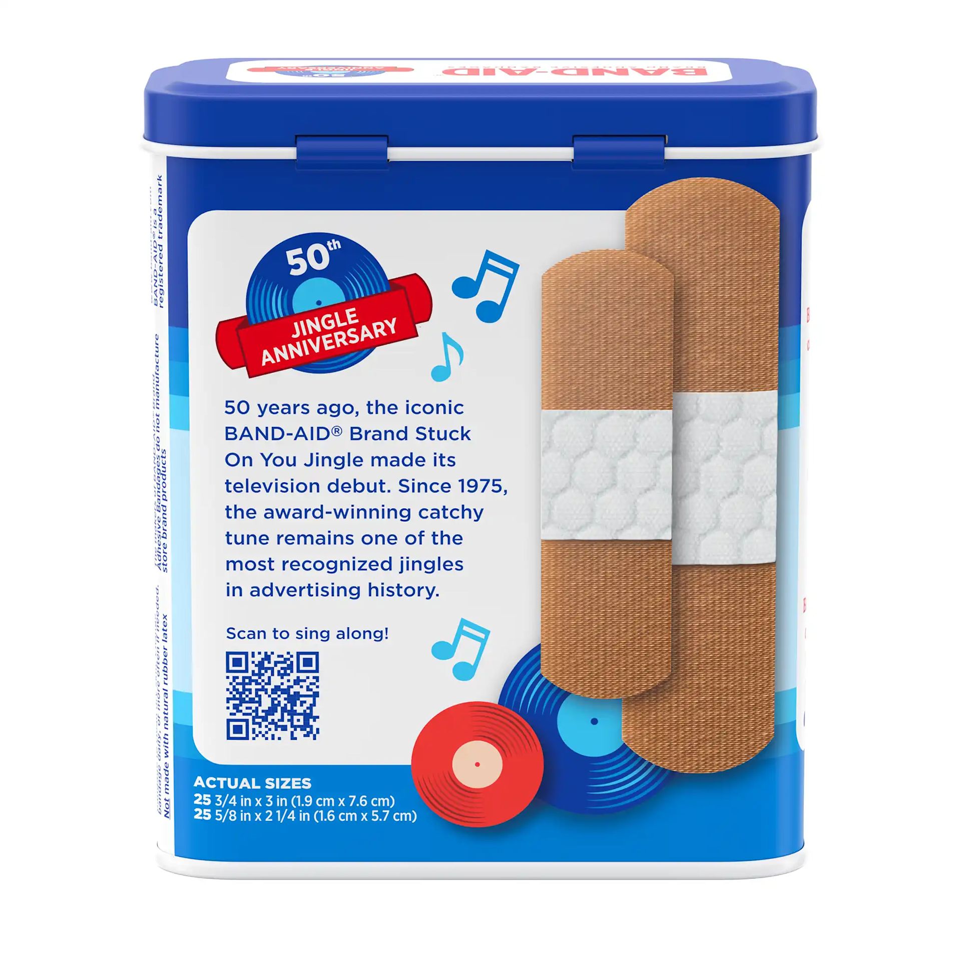 BAND-AID ® Brand Flexible Fabric Adhesive Bandages in a collectable Jingle Anniversary metal tin back of package