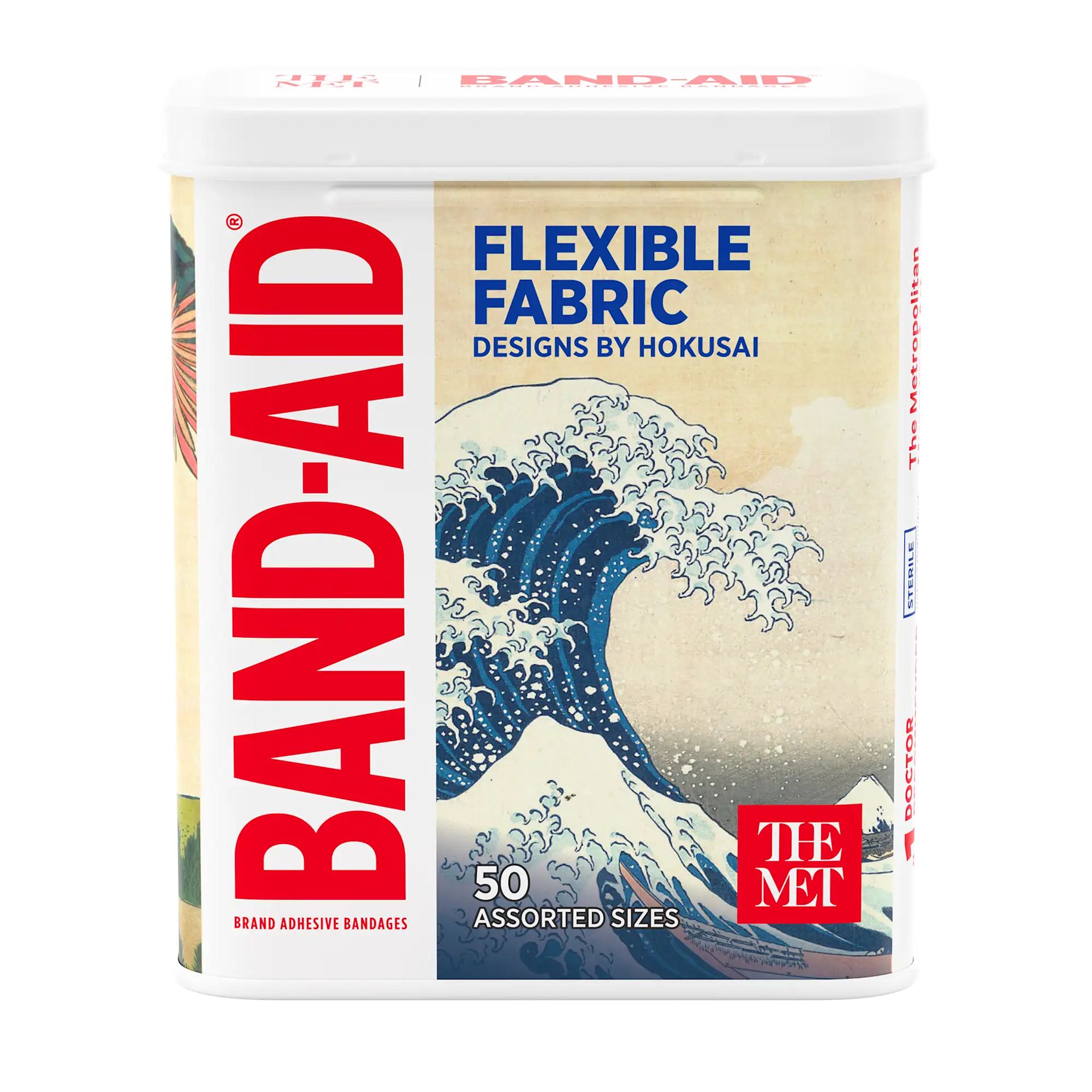 Front pack shot of  BAND-AID® Brand Adhesive Bandages, Designs by Hokusai, Assorted 50 ct