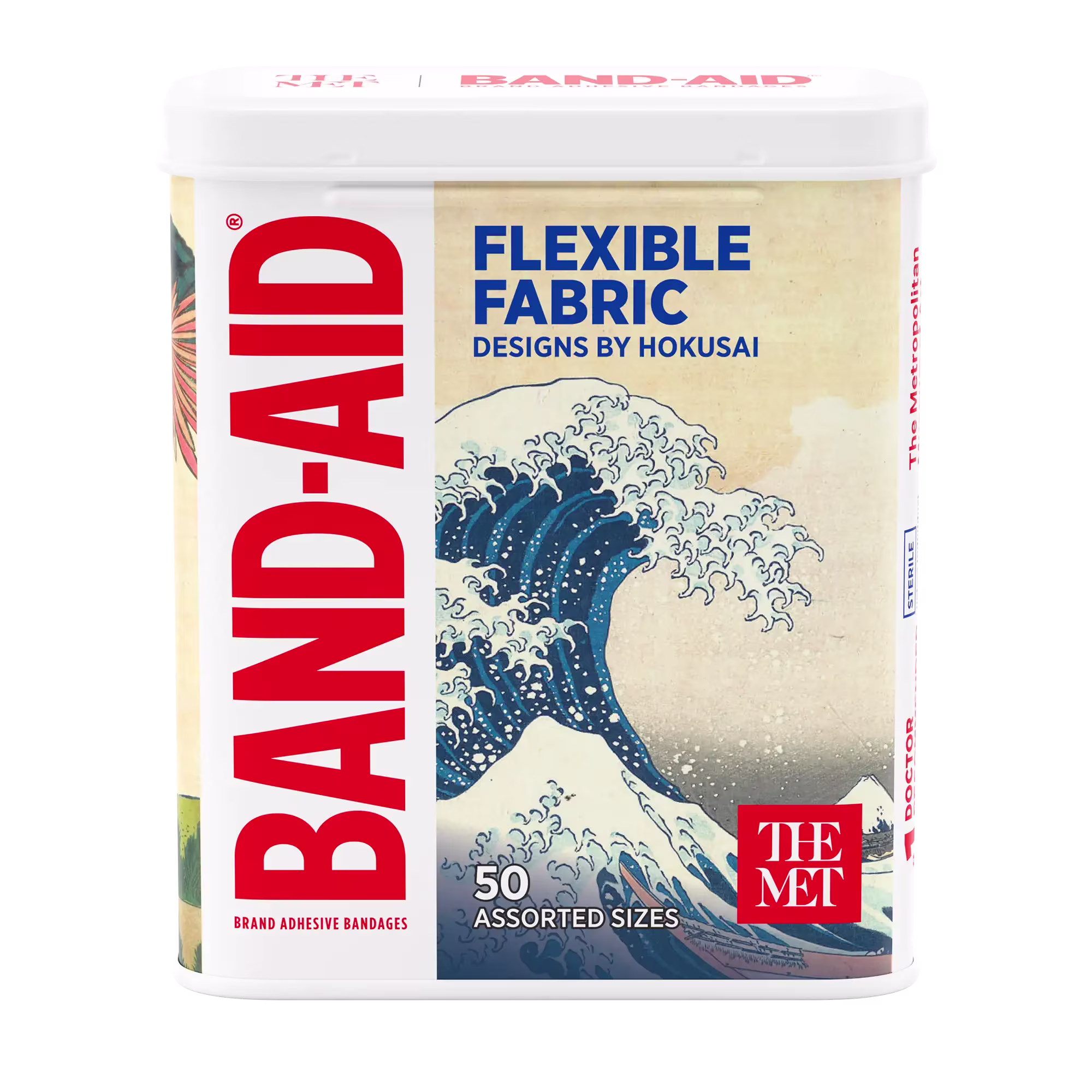 Front pack shot of  BAND-AID® Brand Adhesive Bandages, Designs by Hokusai, Assorted 50 ct