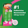 Children's ZYRTEC® Bubble Gum Syrup packaging on green background next to an illustration of bubble gum with the text "#1 pediatrician recommended allergy brand"