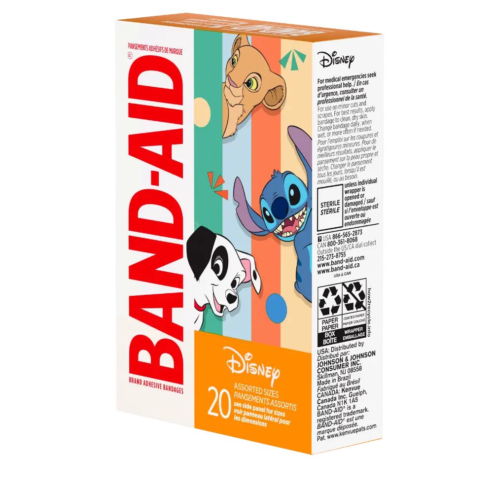 a box of 20 Band-Aid ® brand adhesive bandages, each one tribute to Simba from The Lion King, Stitch from Lilo & Stitch, and Pongo from 101 Dalmatians