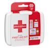 Image of a portable Band-Aid first aid kit, suitable for purse, backpack, luggage, or gym bag. The kit contains 12 items.