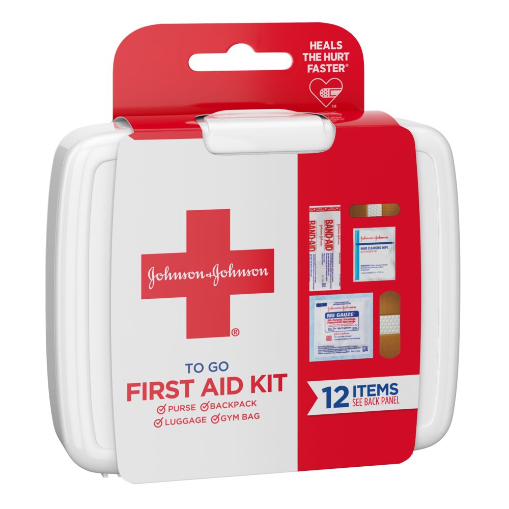 Image of a portable Band-Aid first aid kit, suitable for purse, backpack, luggage, or gym bag. The kit contains 12 items.