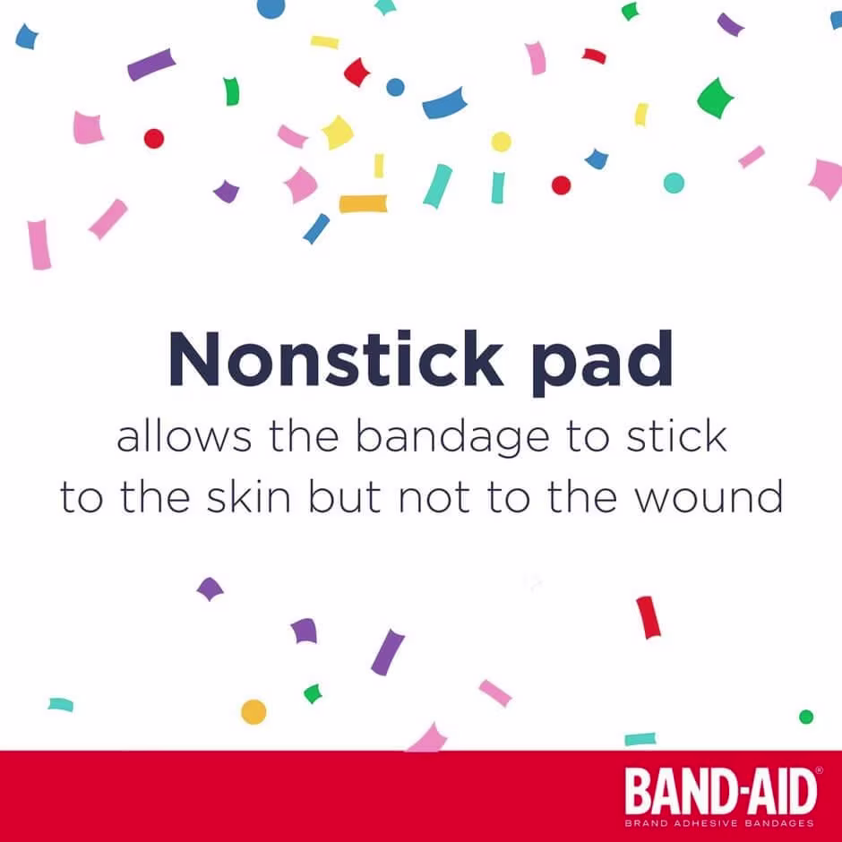 Nonstick pad allows the bandage to stick to the skin but not to the wound