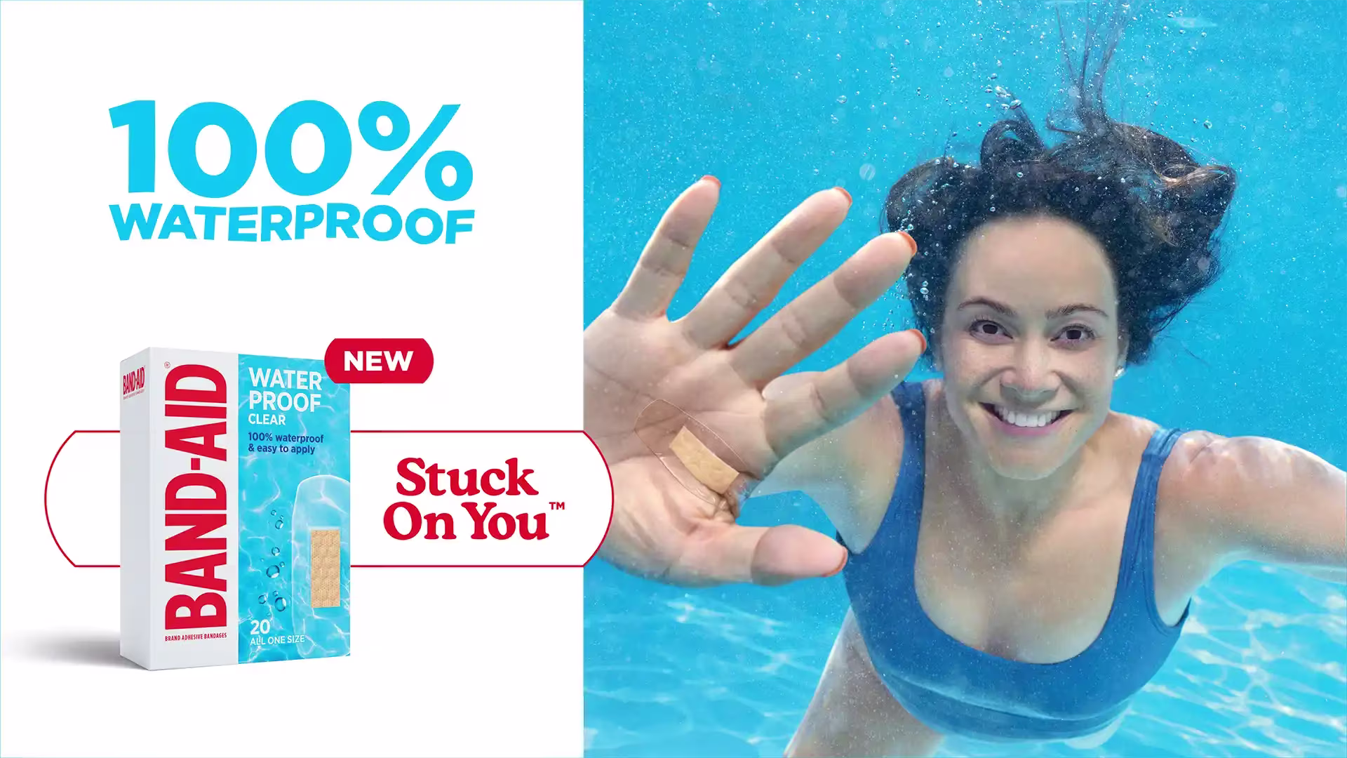 A person underwater with their hand raised, showcasing a Band-Aid waterproof bandage on their arm. The image highlights the text '100% WATERPROOF' and promotes the new Band-Aid Waterproof Clear product.