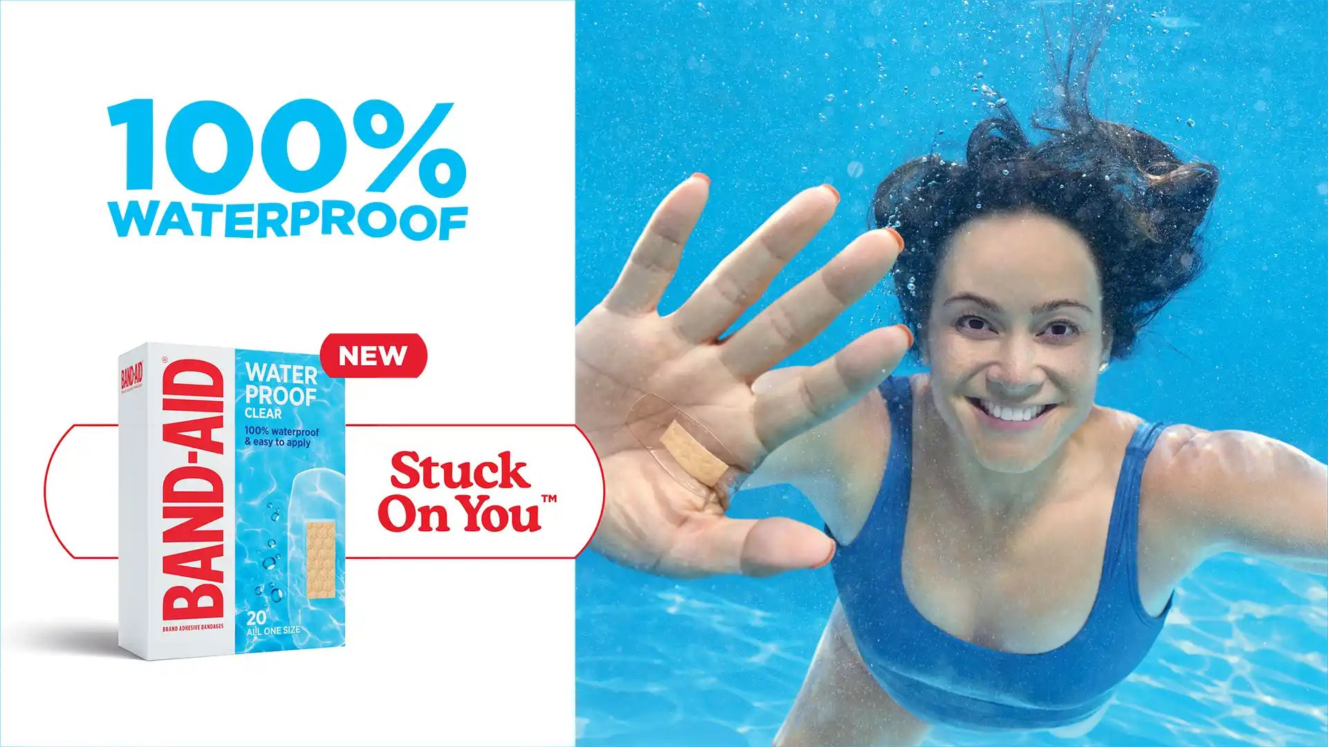 A person underwater with their hand raised, showcasing a Band-Aid waterproof bandage on their arm. The image highlights the text '100% WATERPROOF' and promotes the new Band-Aid Waterproof Clear product.