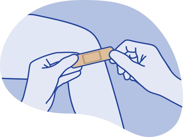 Illustration of a person applying an adhesive bandage to a minor cut on their knee, demonstrating proper wound care to prevent infection.