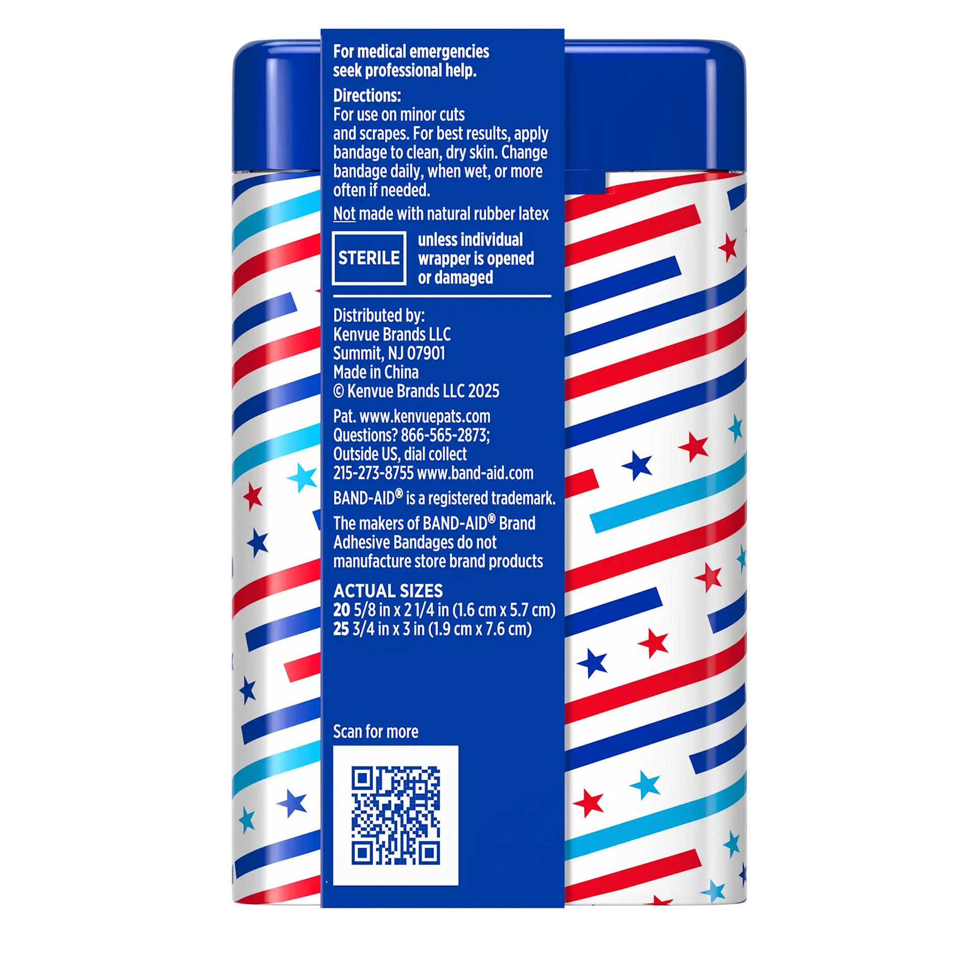 Back pack shot of BAND-AID® Brand Flexible Fabric Stars n Stripes Tin 45ct