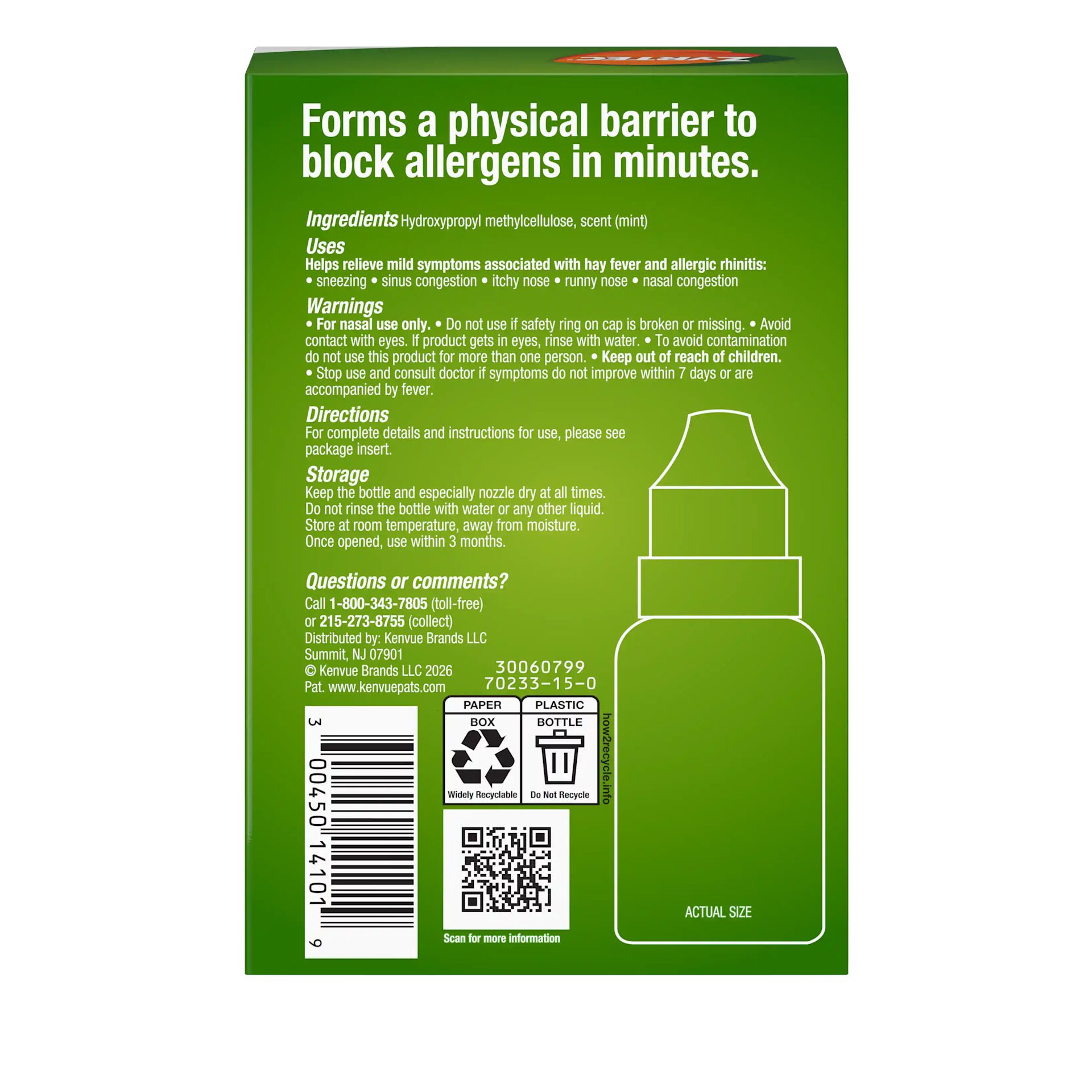 ZYRTEC® Allergan Shield Spray 100 ct Back of package