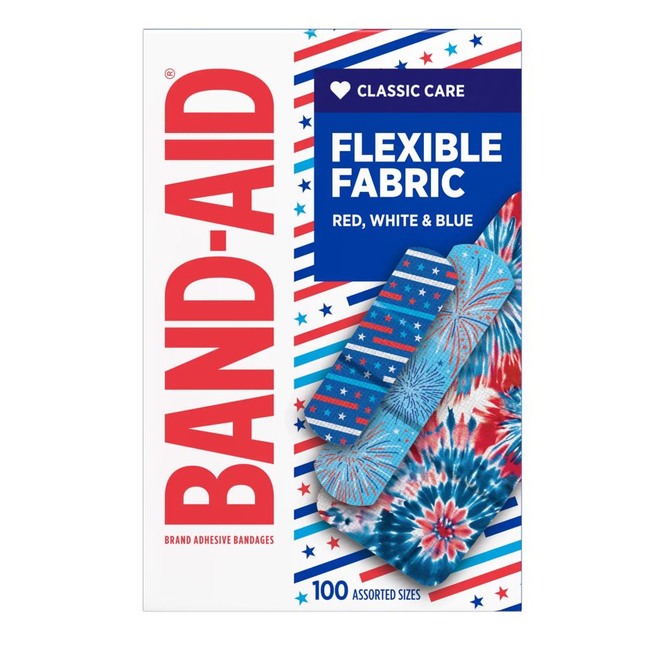 Front pack shot of BAND-AID® Brand Flexible Fabric Stars n Stripes Tin 100ct