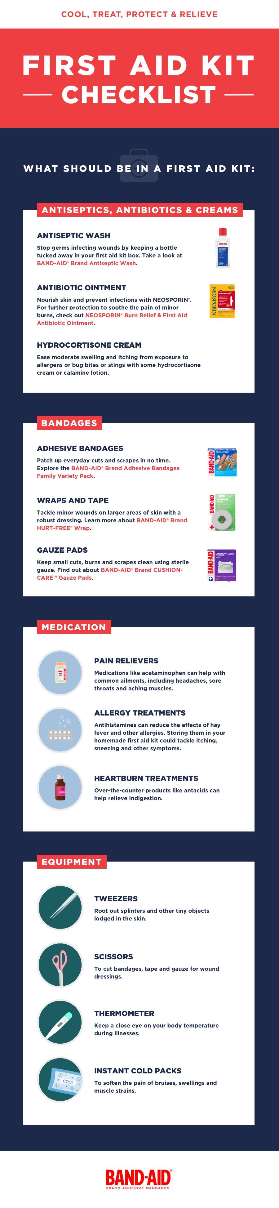 Band-Aid First Aid Kit Checklist with items such as antiseptic wash, antibiotic ointment, hydrocortisone cream, assorted bandages, gauze pads, adhesive tape, pain relievers, allergy treatments, tweezers, scissors, thermometer, and instant cold pack.