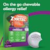 Children's ZYRTEC® Chewables, text "On the go chewable allergy relief," tablet with a bite missing