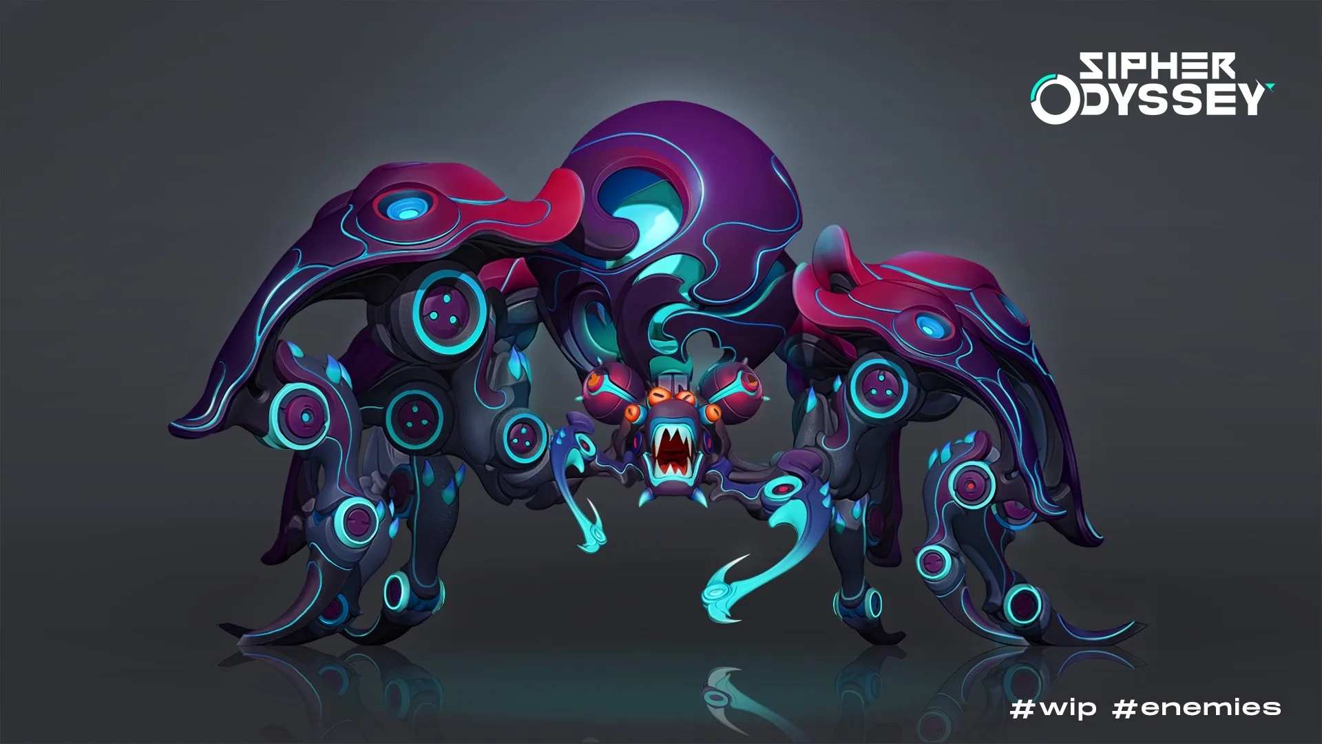 Sipher concept art of a spider-like enemy boss. Sipher is a casual fighting and exploration game with live-action MOBA controls and roguelike features.