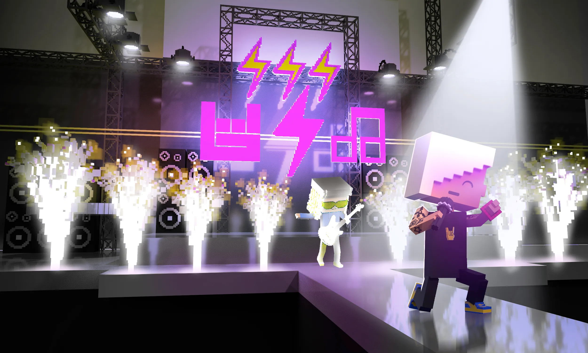 This Blockstars picture showcases two performers on stage, one singing and the other playing guitar, with mini fireworks creating a vibrant atmosphere.