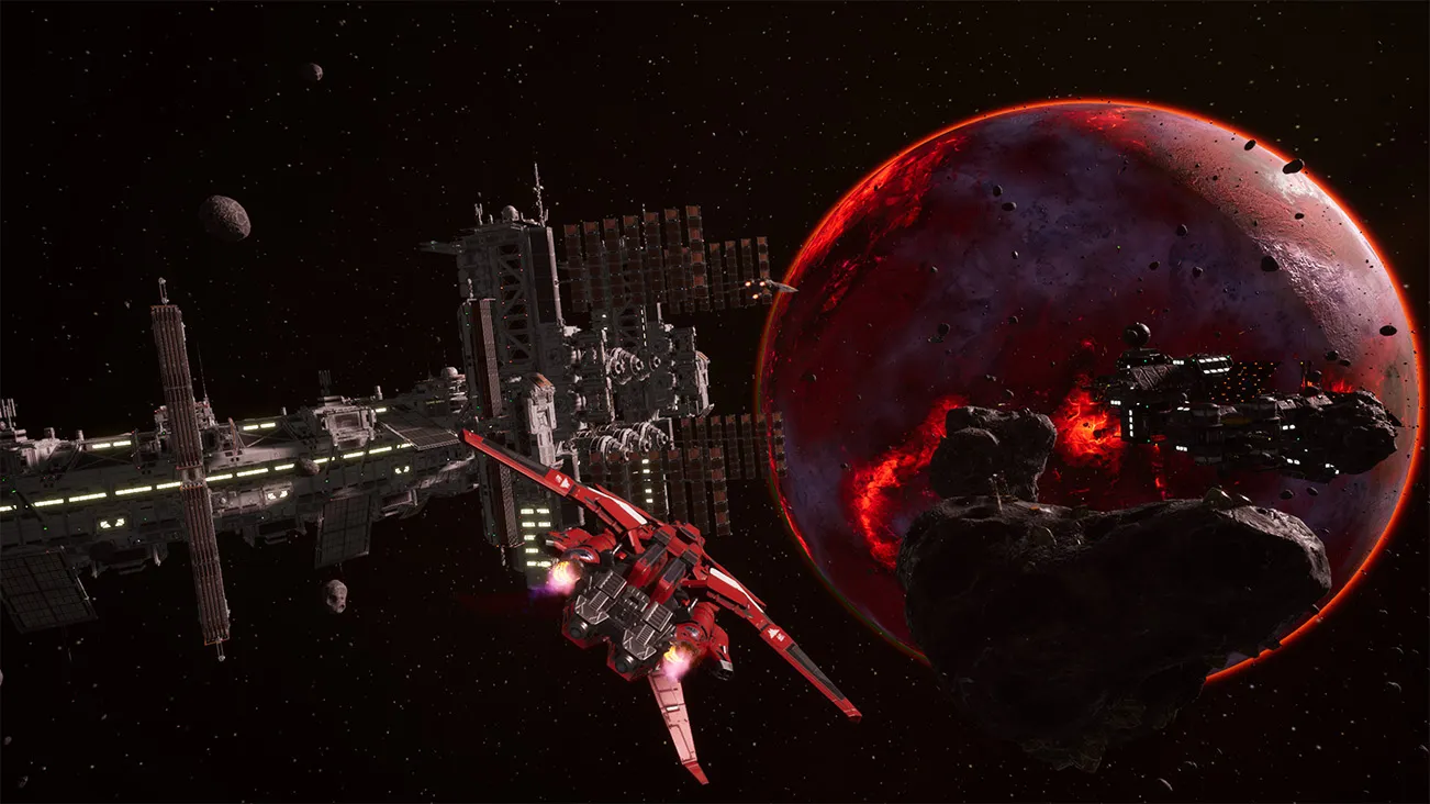 Phantom Galaxies gameplay: Mecha Starfighter engaging Planet