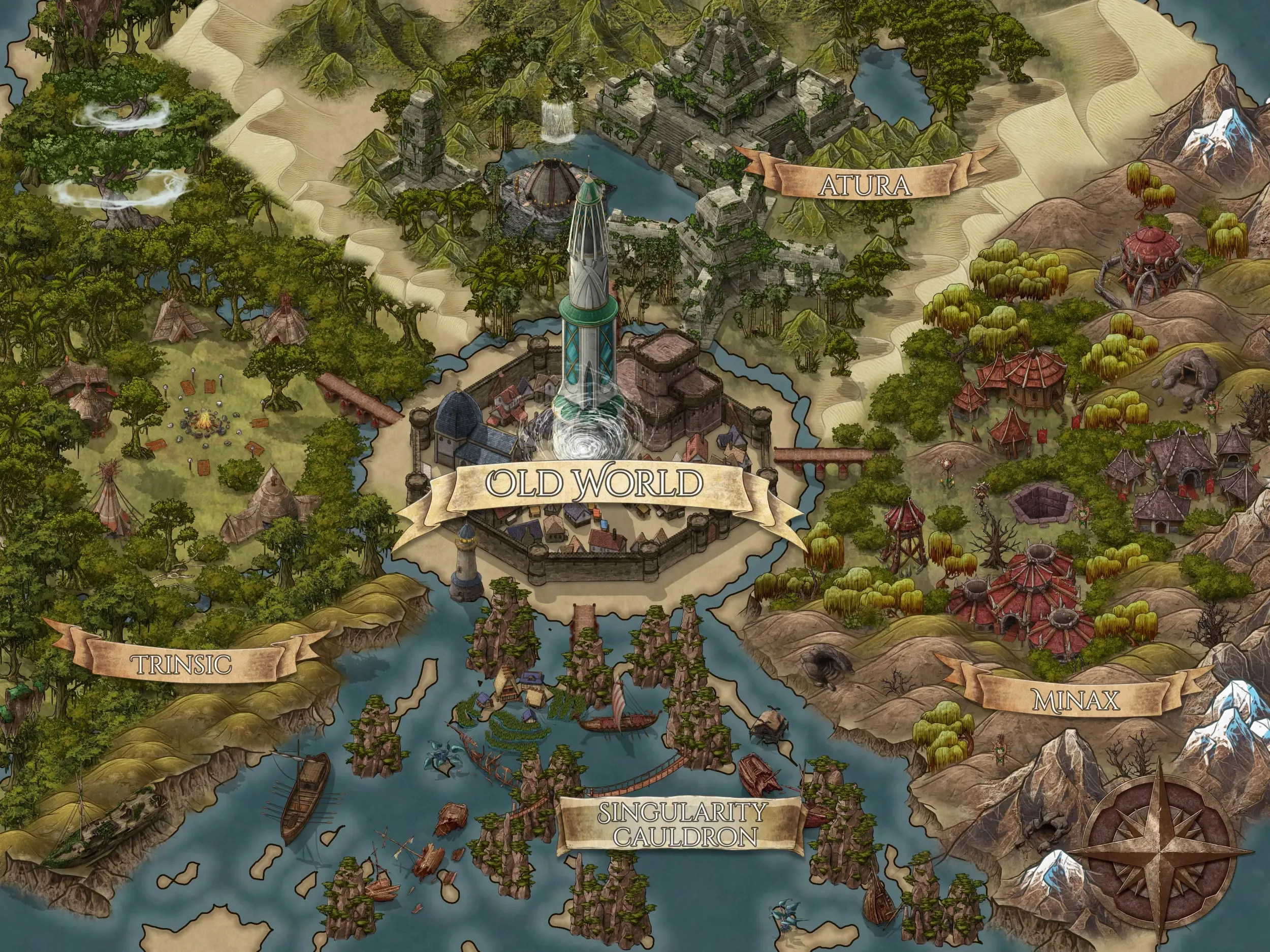 Map showing the Old World and the areas surrounding it. Old World is an isolated region that serves as the safe space for players to engage in PvP battles.