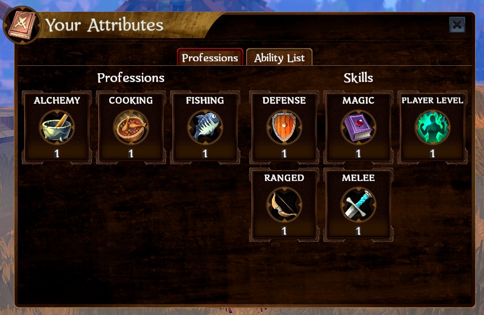 In Domi Online, the attribute tab displays a list of professions and their corresponding abilities along with their respective levels.