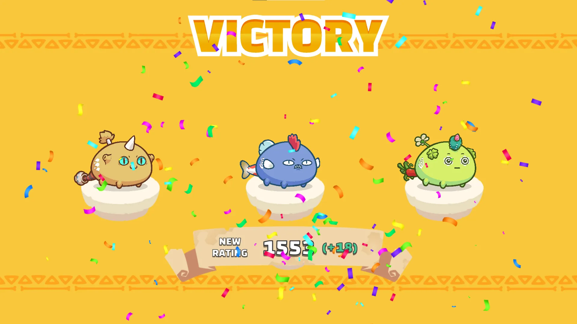 The picture represents the victory poster when an Axie owner wins an Arena game. It displays the Axie team they used along with their Arena rating.