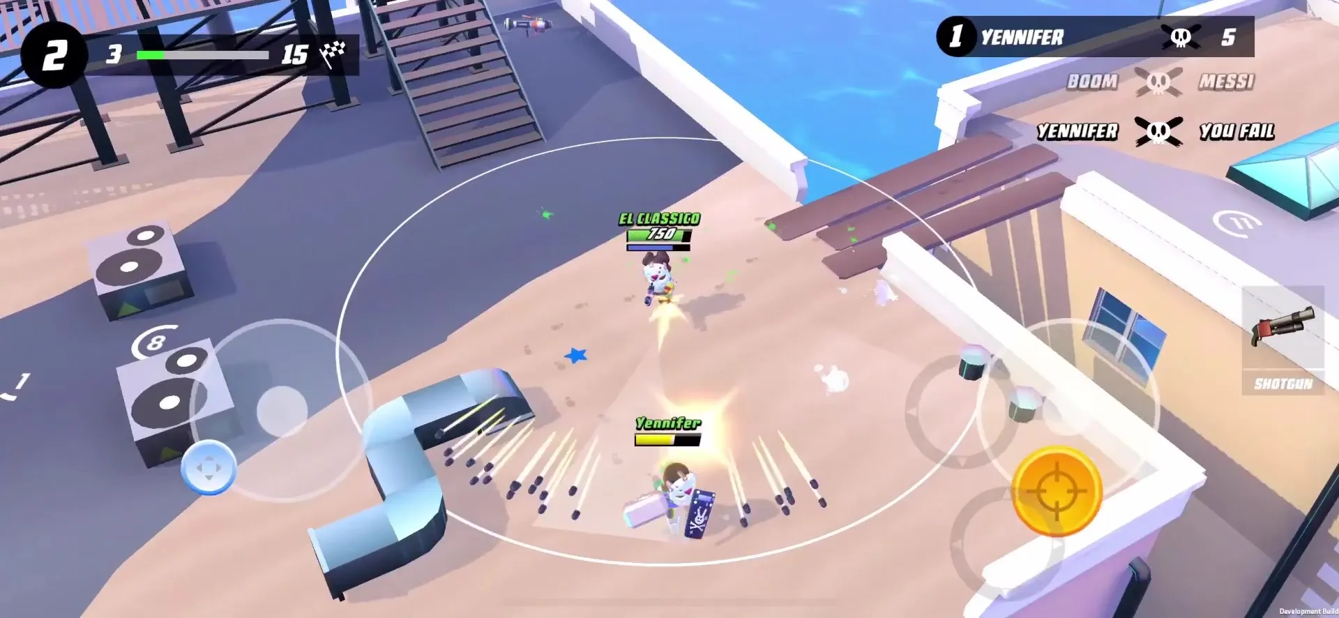 Blast Royale game screen shows a character chasing another in an attempt to defeat them. The top left shows the number of kills, while the right shows the weapon.