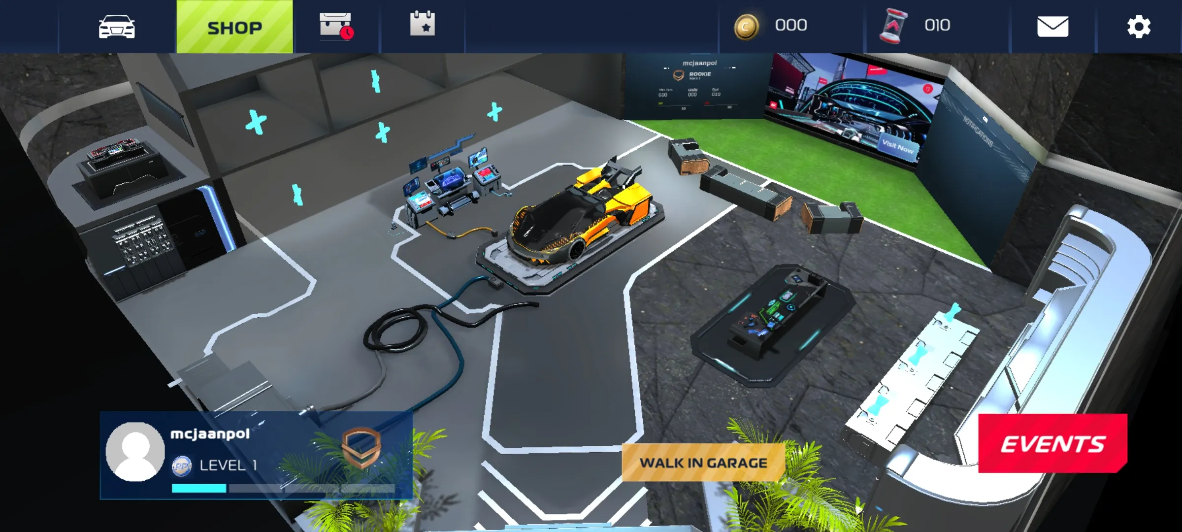 One of Nitro League's unique features is the garage. Players are free to personalize their garage. They can also walk into their garage and move stuff around if they want to.