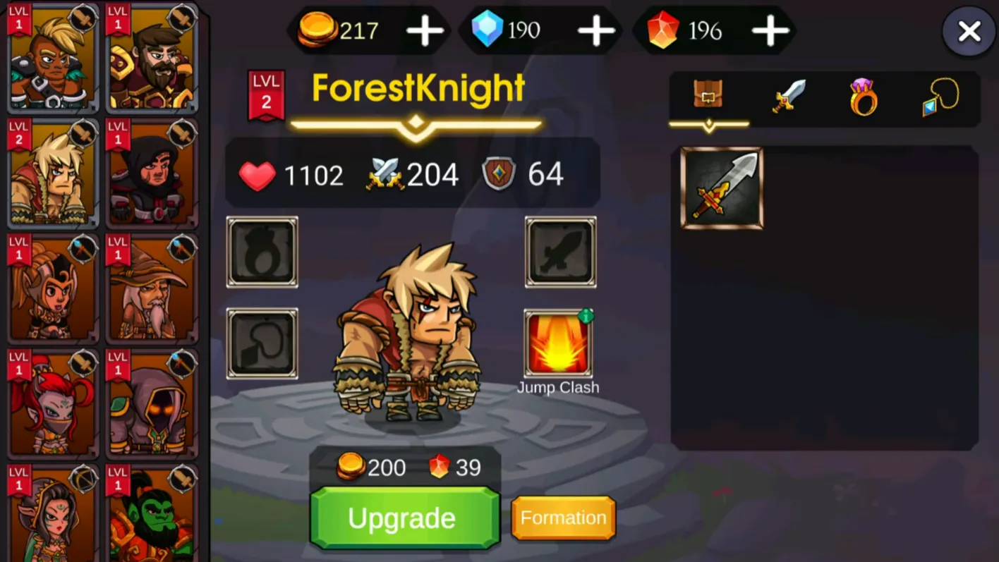 The picture shows a character in Forest Knight, showcasing its stats, the cost to upgrade and enhance its level, and other knights available in the inventory.