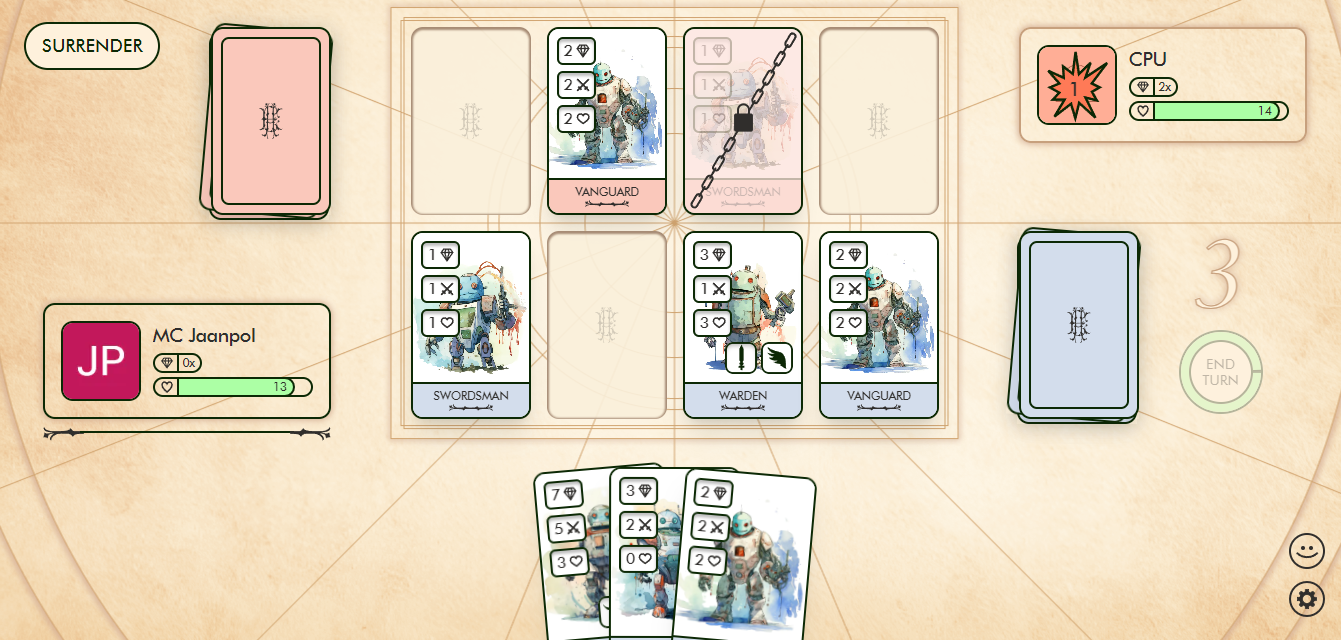 Players can land a direct hit if the defender has no cards in front of the attacker. All the attacks of the deployed cards will deduct from the player's health.