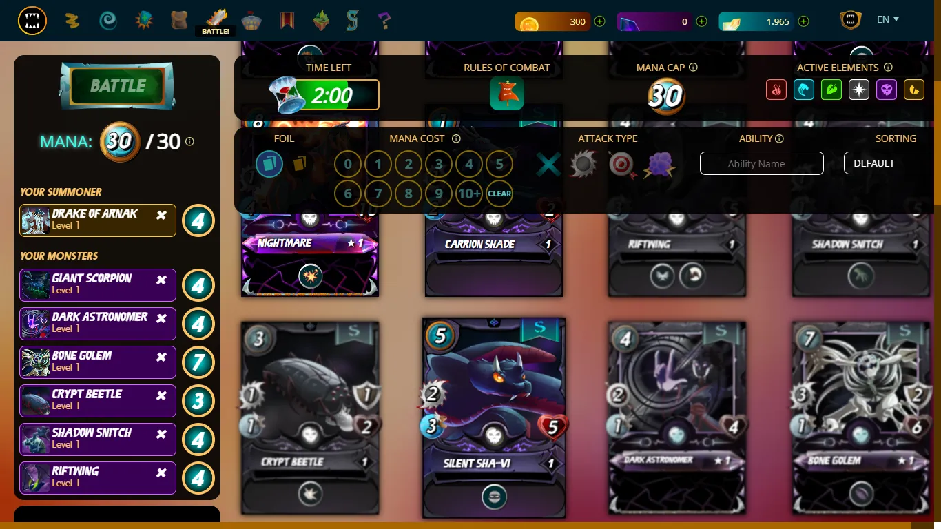 Splinterlands gameplay: selecting cards for the match