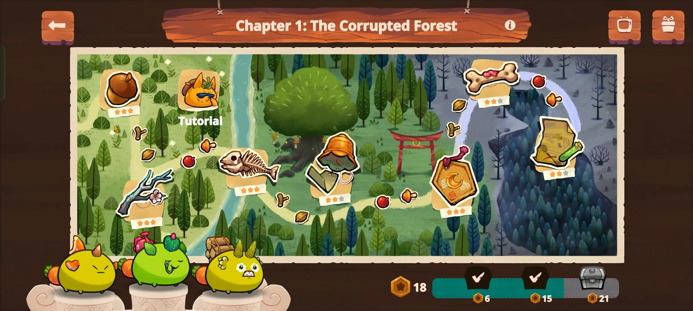 Axie Infinity Origins Adventure map shows a player's progress in the mode, including milestone progress and the foraging box, which collects XP and moonshards.