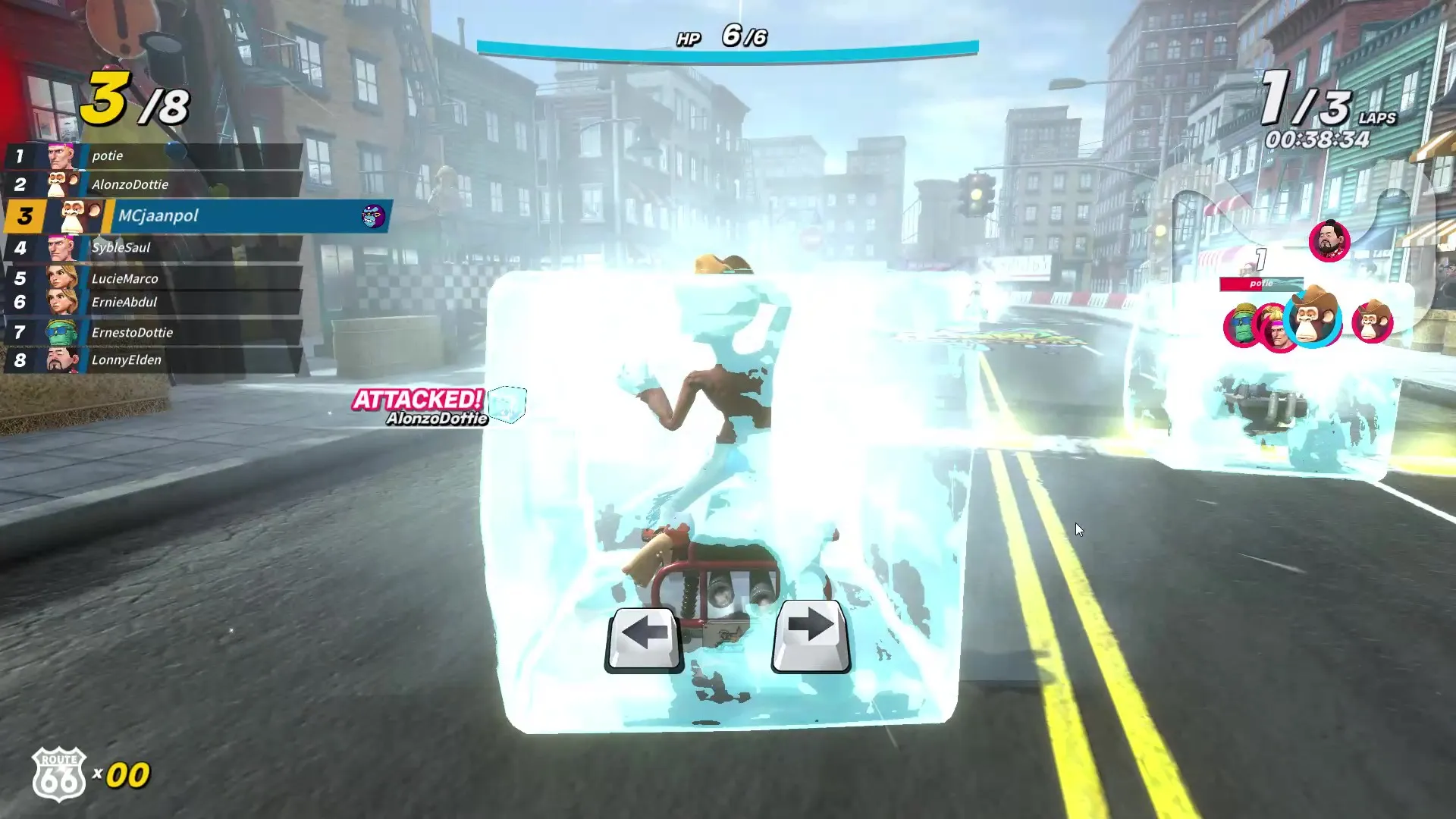 An ice attack landed on the opponents. The player is now frozen and needs to click the left and right arrow to remove it. This attack can slow down the player greatly.