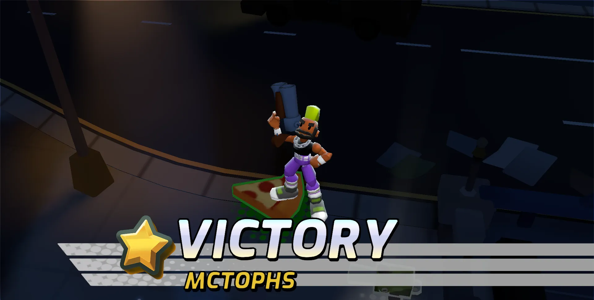 The image displays the Victory Poster of Mighty Action Heroes, showcasing the hero after a player has won a match and become the last survivor.