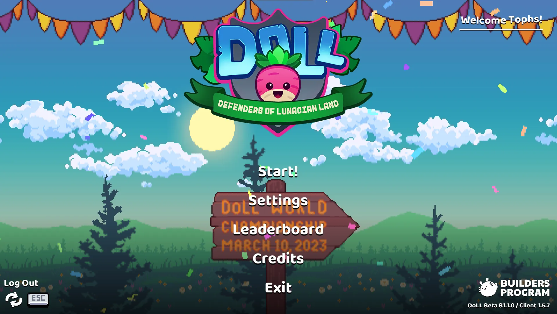 The Defenders of Lunacian Land homescreen serves as the lobby upon opening the game. Players can check their settings, leaderboards, or start playing the game.