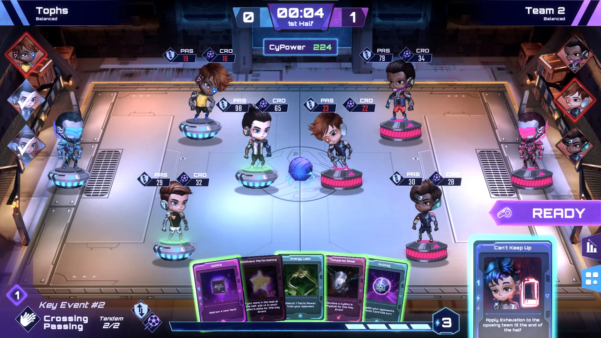 The picture displays the CyBall Battle Interface, where two players compete against each other using their CybBocs to battle it ou in the arena.